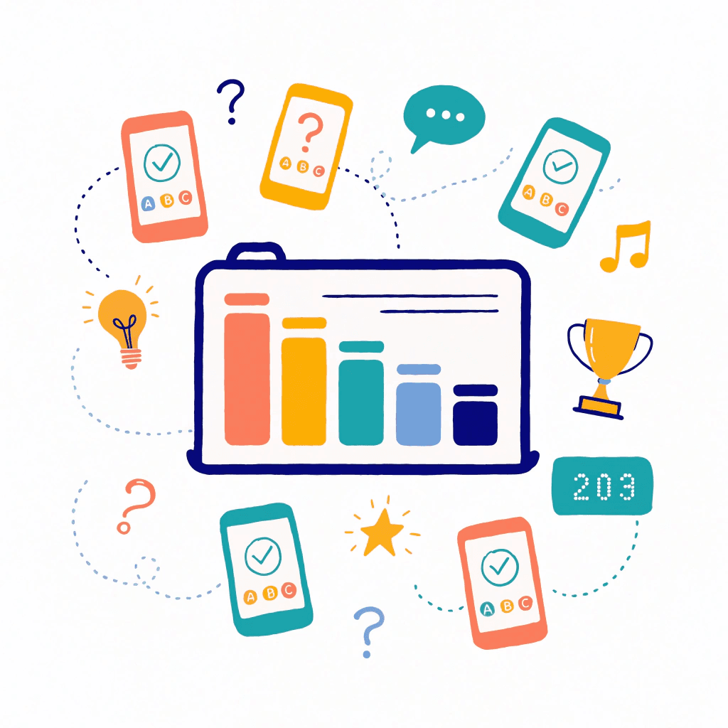 Illustration of a group quiz with phones connected to a leaderboard on a screen